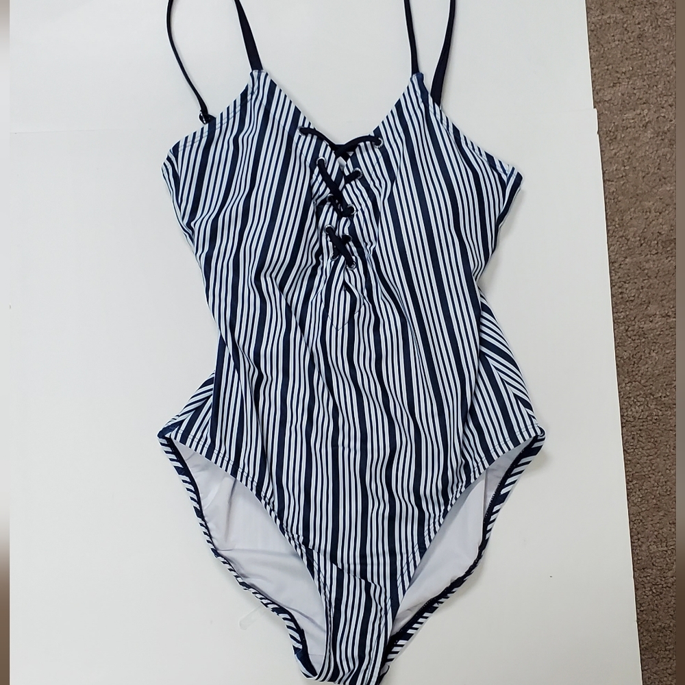 Nautica Navy Blue and White Lace Up Dock Lines One Piece Swimsuit Large - Picture 5 of 13